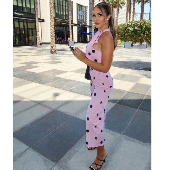 Pink Polka Dot Sleeveless High Neck Wide Leg Culotte Jumpsuit - Picture 10 of 13